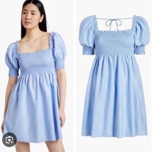 Light Blue Smocked Puff-Sleeve Mini Dress